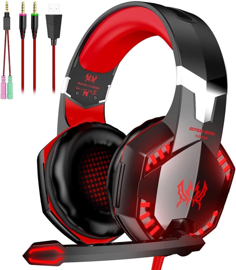 VersionTECH . G2000 Gaming Headset, Bass Surround Gaming Headphones with Noise Cancelling Mic, LED Lights, Soft Memory Earmuffs for PS5/ PS4/ Xbox One Controller/Laptop/PC/Mac/Nintendo NES Games-Red - Image 1